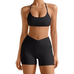 OLCHEE Womens Workout Sets 2 Piece Y Back Sports Bra Gym Shorts Padded(Black)