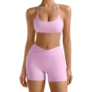 OLCHEE Womens Workout Sets 2 Piece Y Back Sports Bra Gym Shorts Padded(Pink)