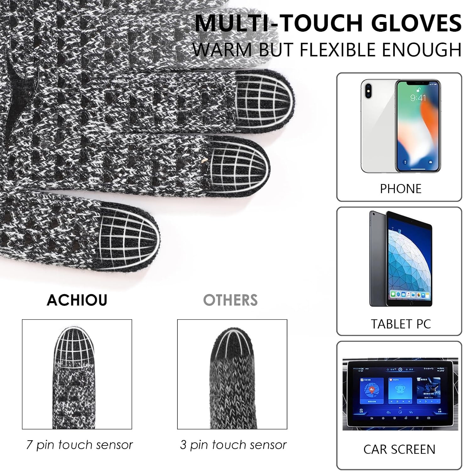 image:imageAchiou Winter Gloves Touch Screen for Men amp Women 2 Pairs Soft Knit1 Black1 Black White