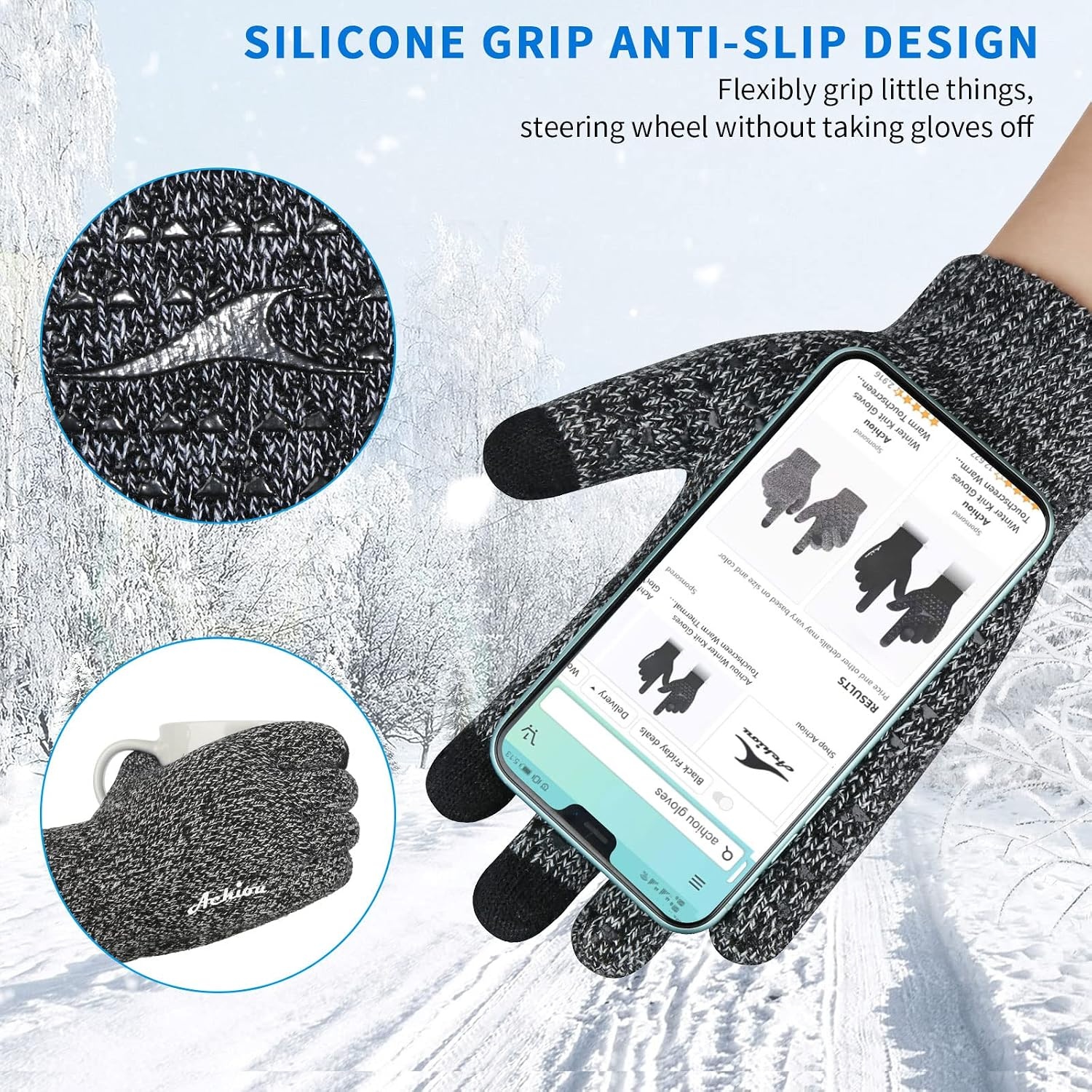 image:imageAchiou Winter Gloves Touch Screen for Men amp Women 2 Pairs Soft Knit1 Black1 Black White