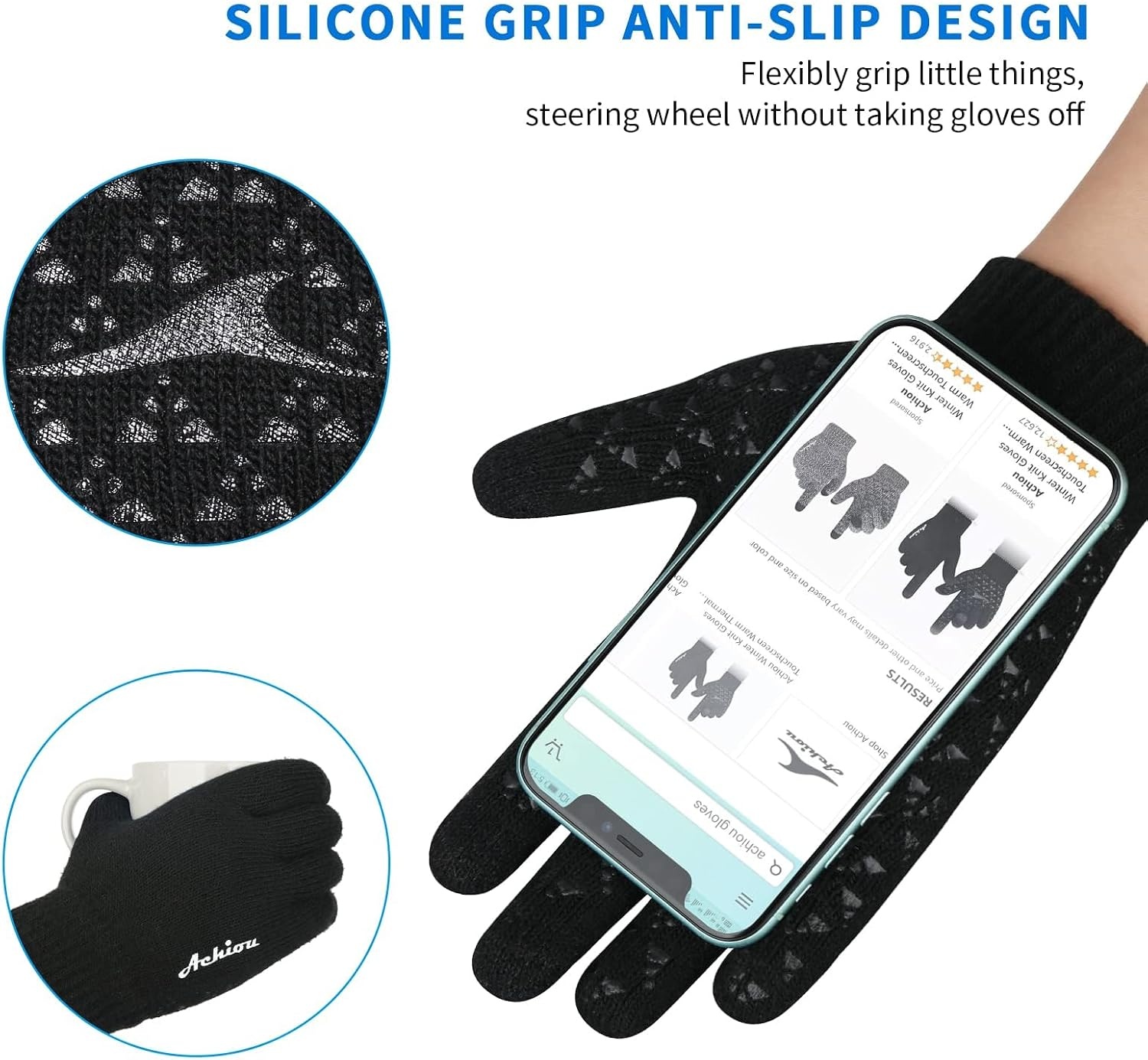 image:imageAchiou Winter Gloves Touch Screen for Men amp Women 2 Pairs Soft Knit2 Black