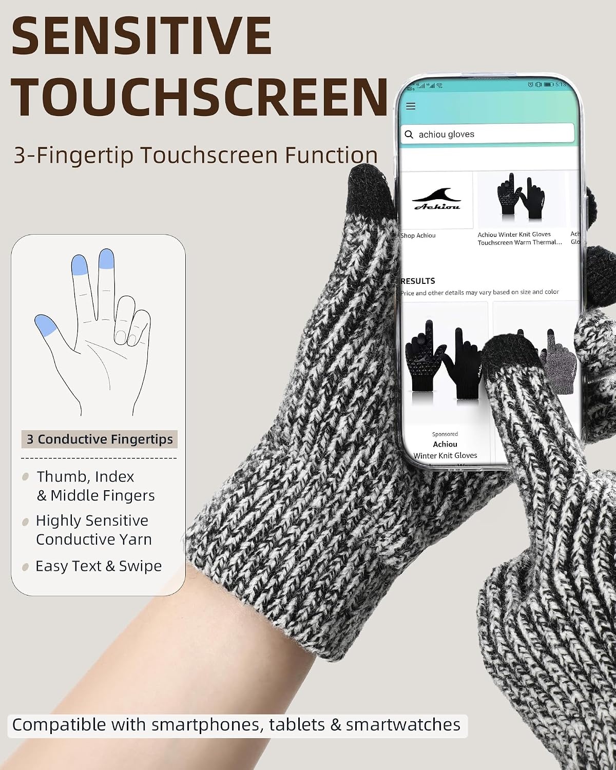 image:imageAchiou Winter Gloves for Men Women Thermal Fleece Lined Touchscreen KnitBlack