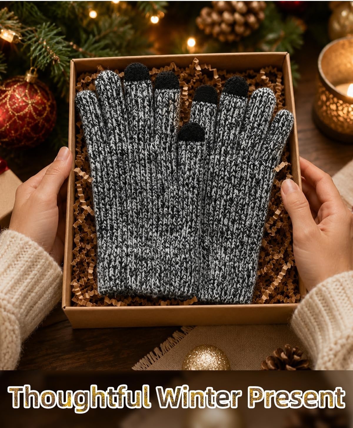 image:imageAchiou Winter Gloves for Men Women Thermal Fleece Lined Touchscreen KnitBlack