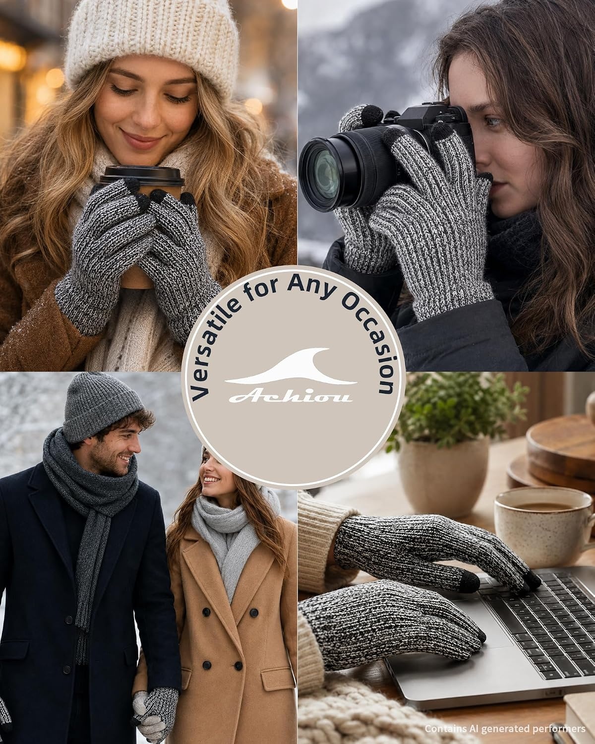 image:imageAchiou Winter Gloves for Men Women Thermal Fleece Lined Touchscreen KnitBlack