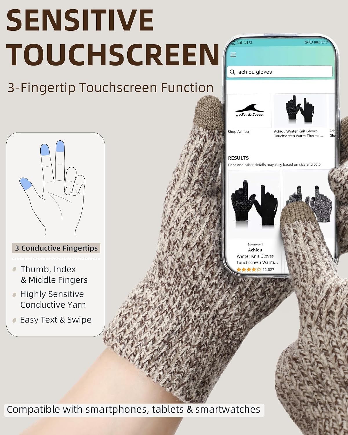 image:imageAchiou Winter Gloves for Men Women Thermal Fleece Lined Touchscreen KnitKhaki