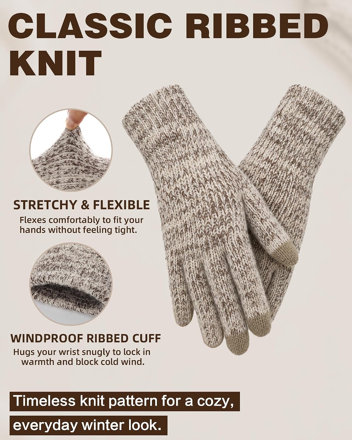 image:imageAchiou Winter Gloves for Men Women Thermal Fleece Lined Touchscreen KnitKhaki