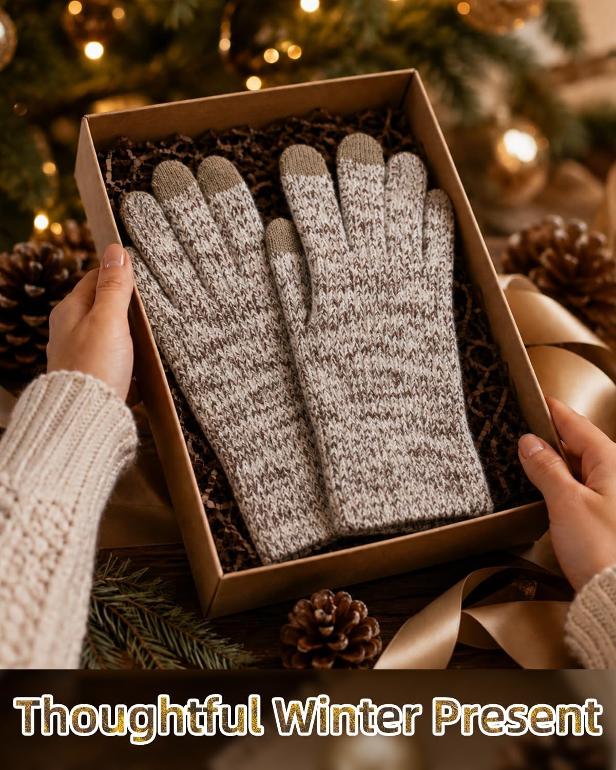 image:imageAchiou Winter Gloves for Men Women Thermal Fleece Lined Touchscreen KnitKhaki