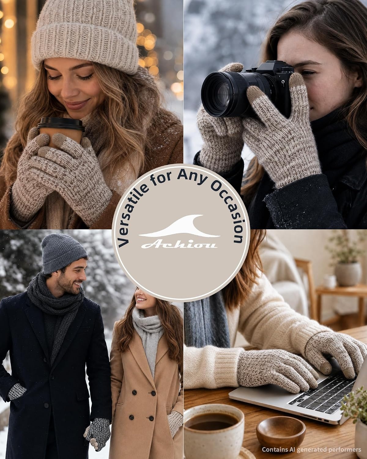 image:imageAchiou Winter Gloves for Men Women Thermal Fleece Lined Touchscreen KnitKhaki