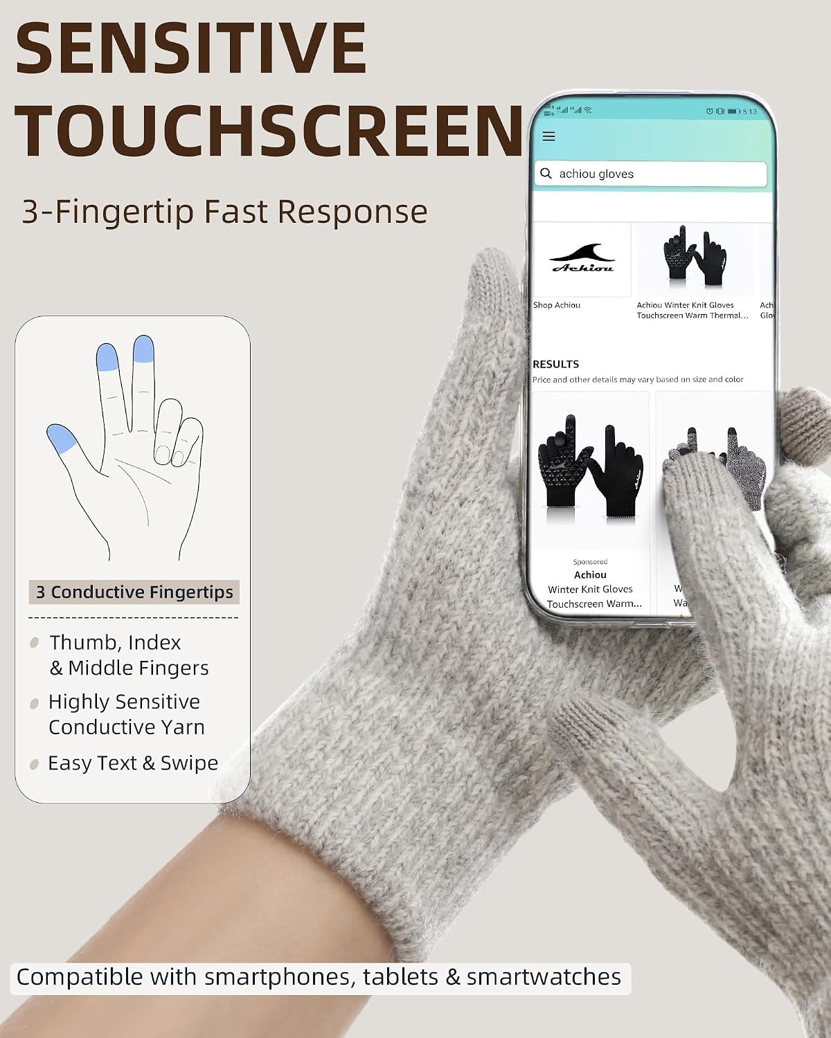 image:imageAchiou Winter Gloves for Men Women Thermal Fleece Lined Touchscreen KnitLight Gray