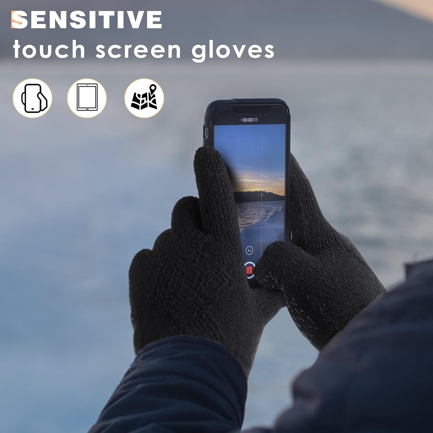 image:imageAchiou Winter Touchscreen Gloves Men Women Thick DualLayer Warm KnitBlack
