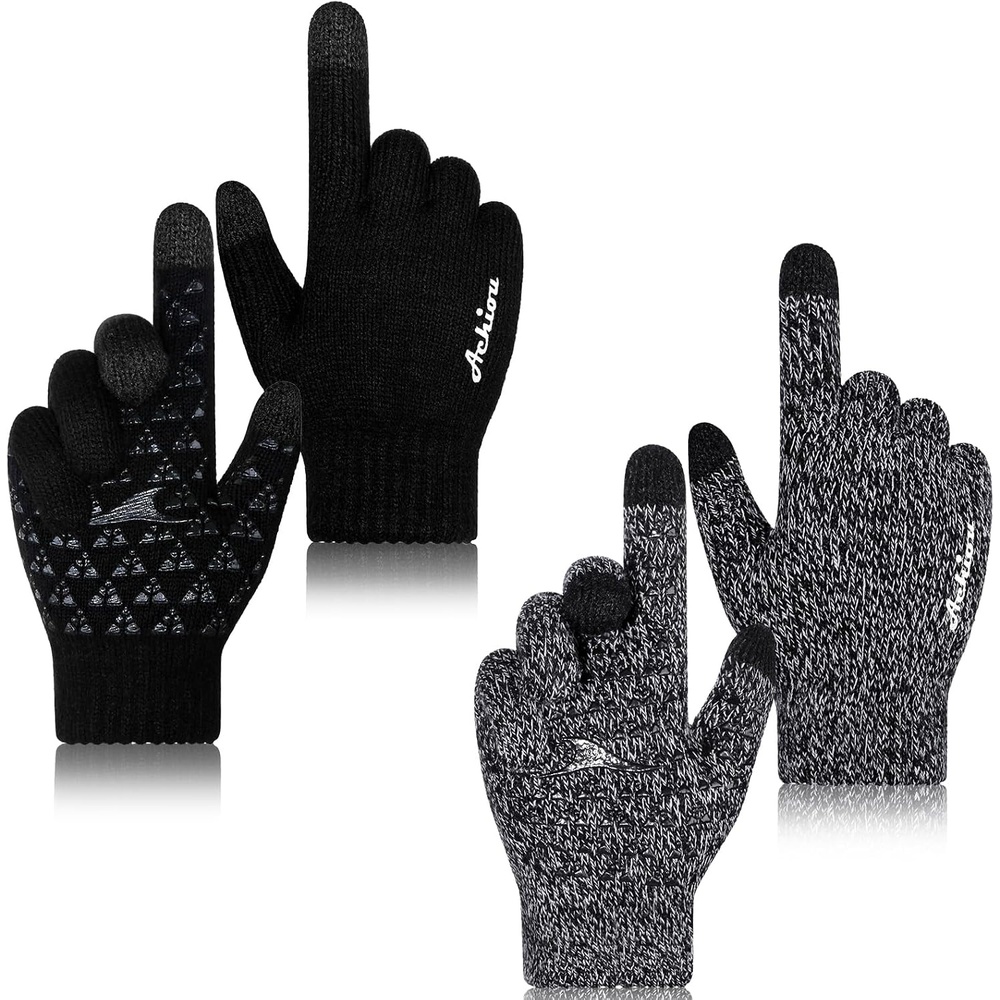 image:imageAchiou Winter Gloves Touch Screen for Men amp Women 2 Pairs Soft Knit1 Black1 Black White