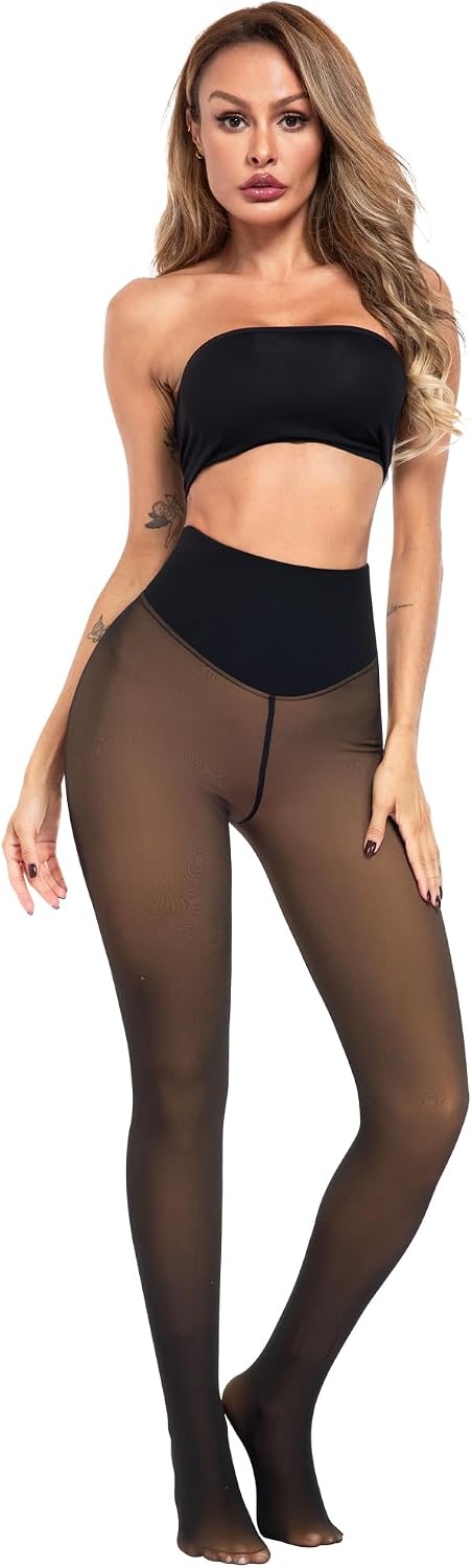 image:imageLZYVOO Fleece Lined Winter Tights Women Fake Translucent Warm Pantyhose Sheer Thick Thermal Tights LeggingsTummy Control Honey