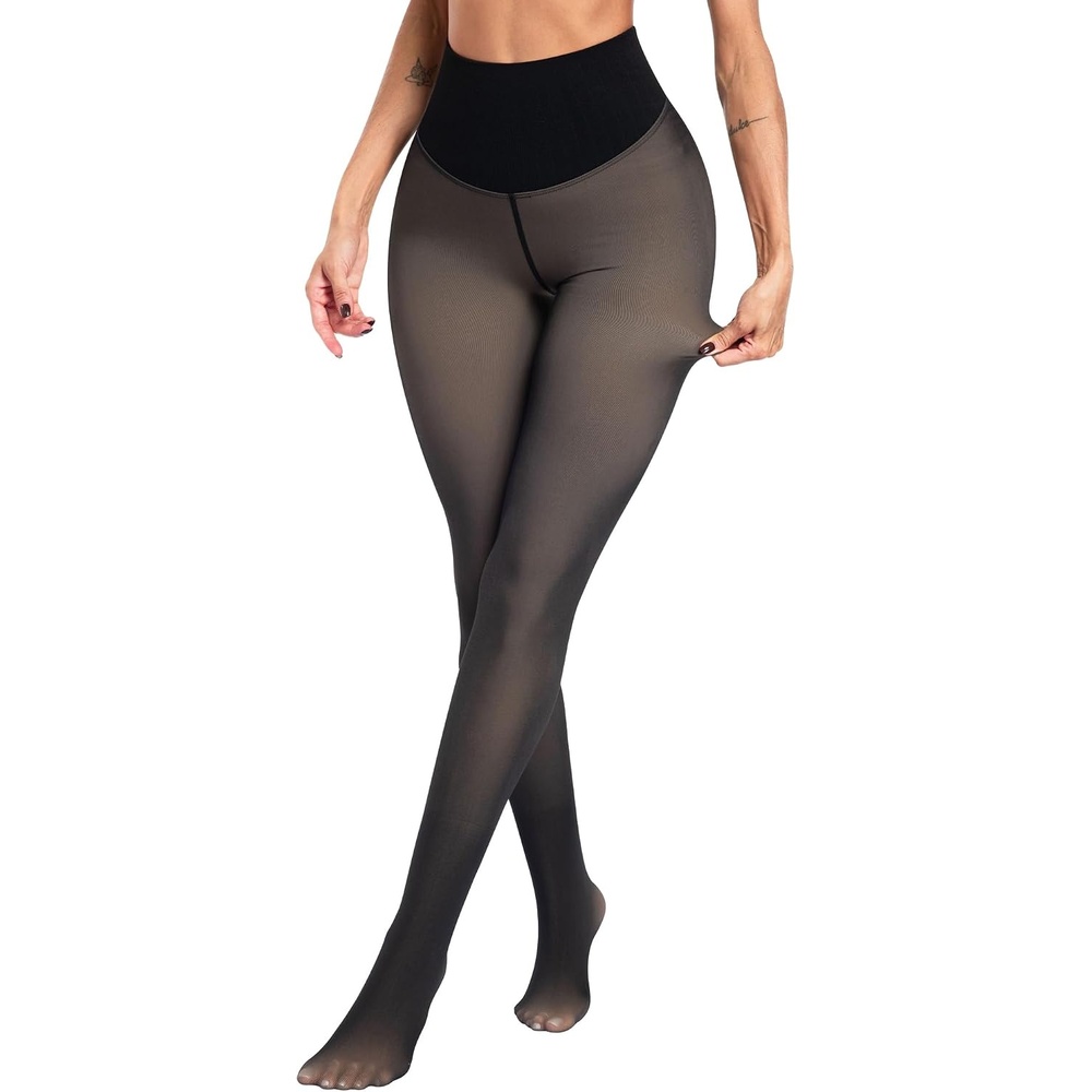 image:imageLZYVOO Fleece Lined Winter Tights Women Fake Translucent Warm Pantyhose Sheer Thick Thermal Tights LeggingsTummy Control Black